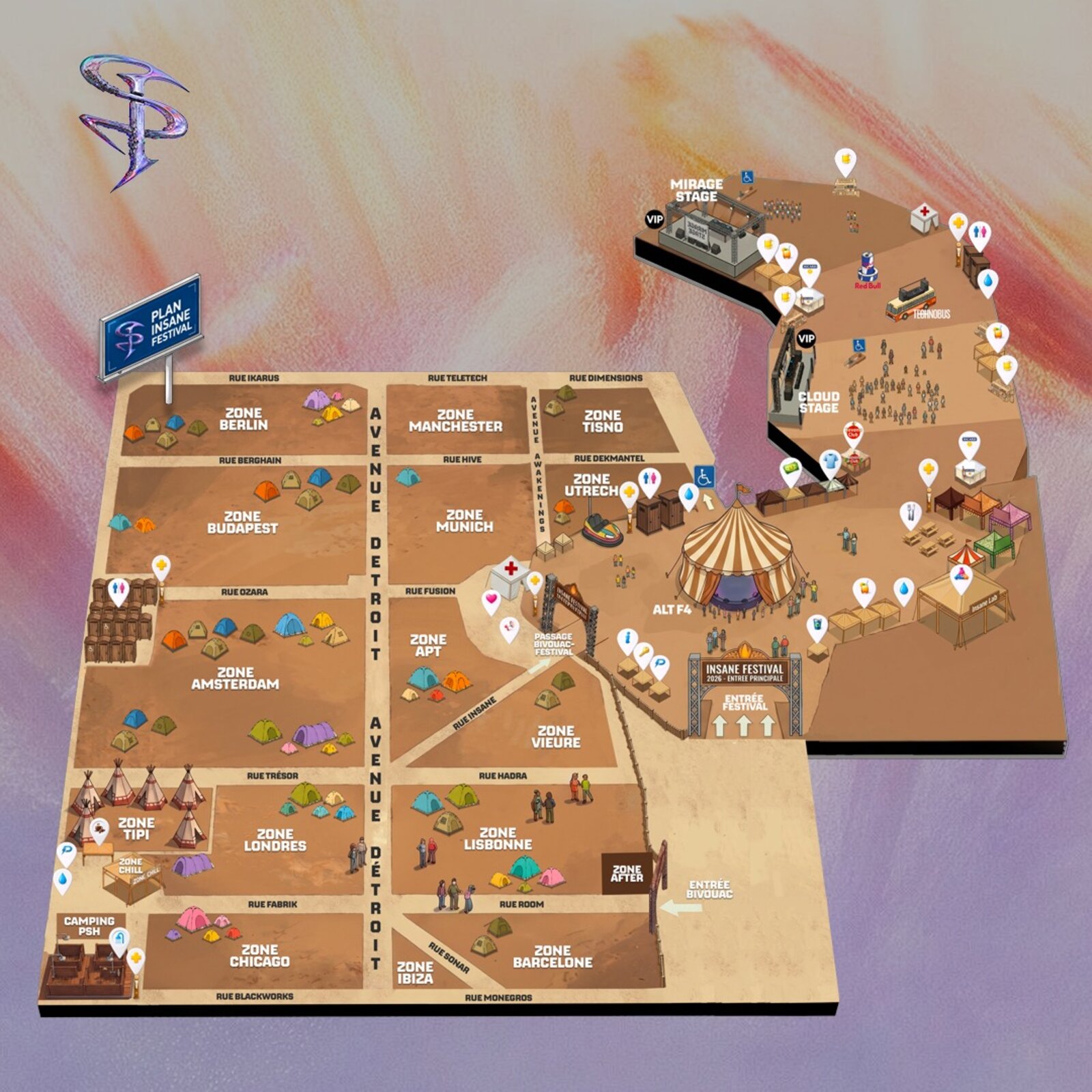 Plan officiel de l'Insane Festival 2026 à Apt — scènes Mirage, Cloud, AltF4, Technobus et zones de bivouac
